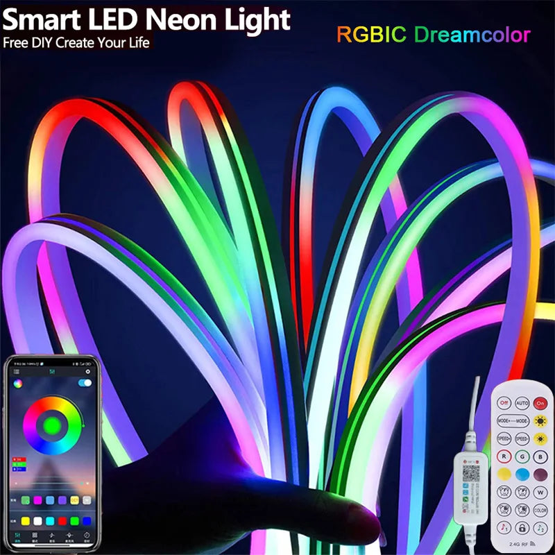 RGBIC Neon LED Strip 5V USB Bluetooth APP Control Music Sync Flexible Rope Light for Gaming Room Party Holiday Decoration