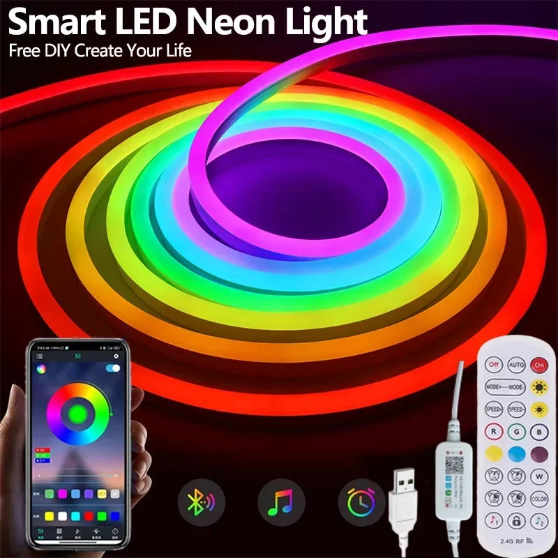 RGBIC Neon LED Strip 5V USB Bluetooth APP Control Music Sync Flexible Rope Light for Gaming Room Party Holiday Decoration