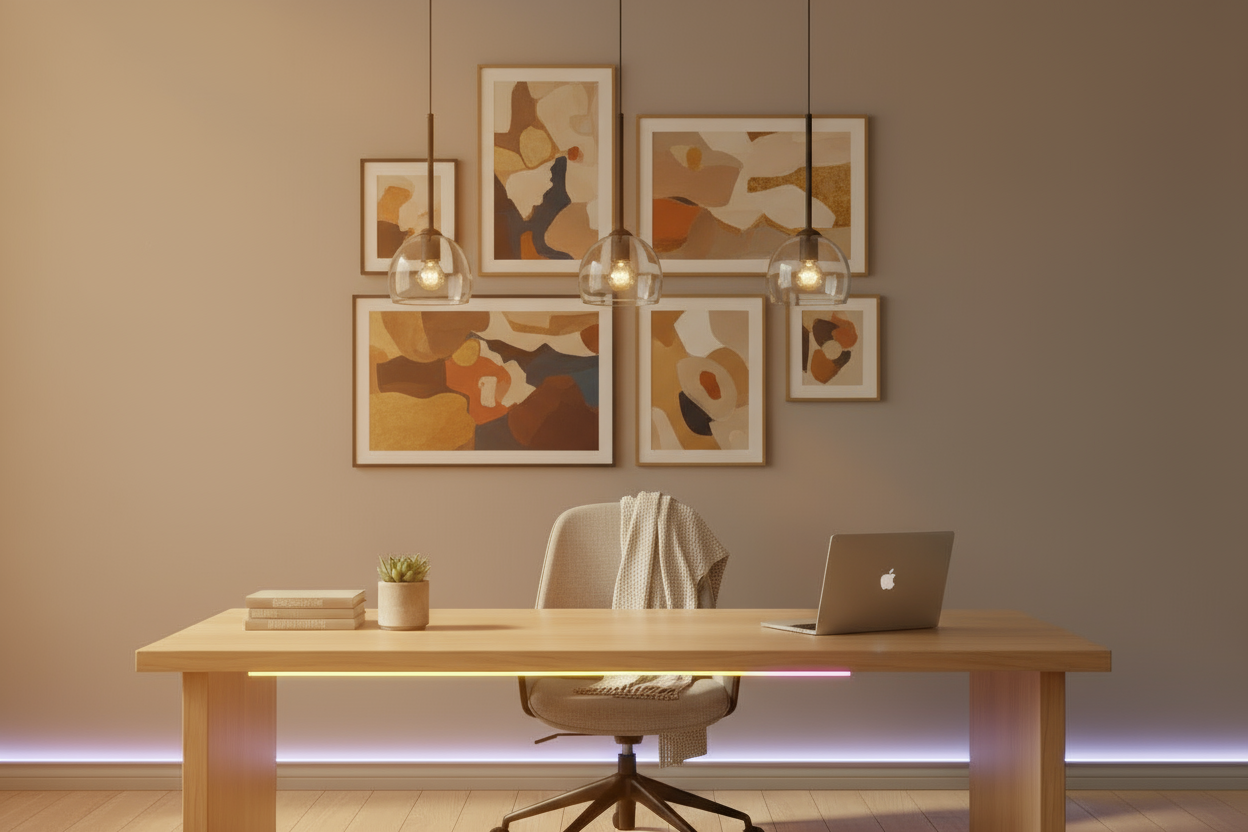 ajoute de l'ambiance   chaleureuse et inspirante, éclairage LED décoratif parfait pour un espace de travail contemporain.