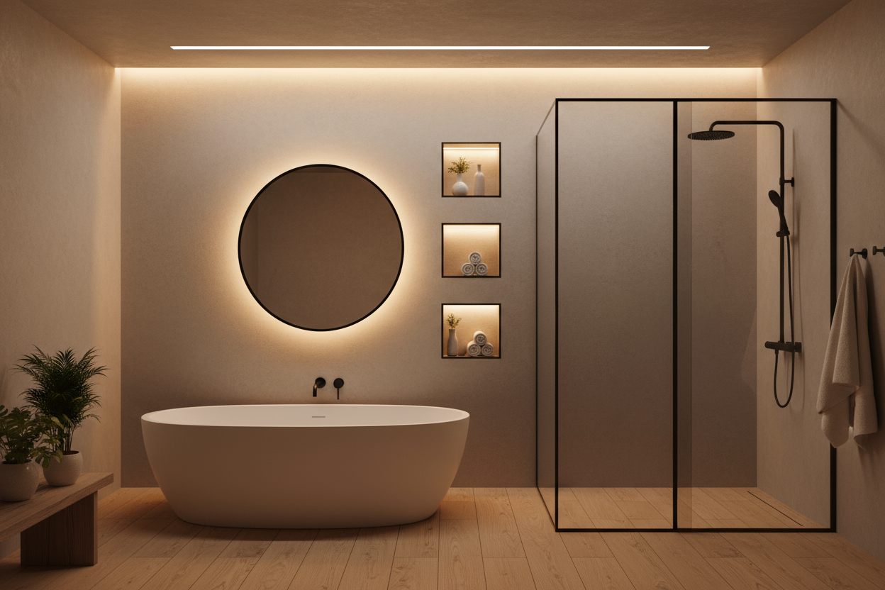 Salle de bain moderne et élégante, décor minimaliste avec des tons chauds et naturels. Éclairage principal réalisé avec des rubans LED polyvalents intégrés : un ruban LED discret au plafond créant une ligne lumineuse continue, un autre derrière le miroir diffusant une lumière douce et chaleureuse, et un troisième intégré dans les niches murales pour mettre en valeur les serviettes et les objets de décoration. Murs en béton clair, parquet en bois naturel, douche vitrée avec cadre noir, baignoire élégante et 