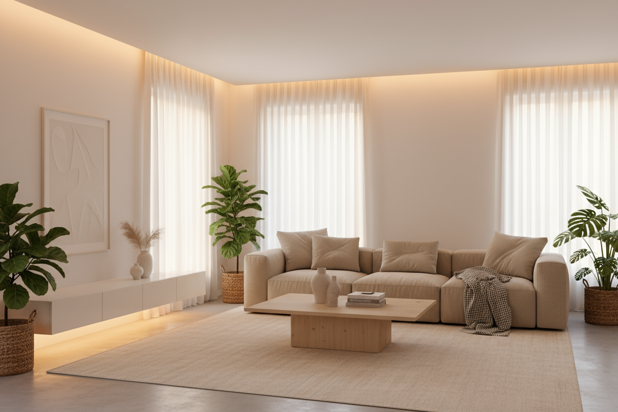 Une pièce de salon moderne et chaleureuse éclairée par des lampes LED, avec un canapé beige, des coussins moelleux, une table basse en bois clair et une lumière d’ambiance douce et dorée. Les murs sont clairs, les rideaux légers, et quelques plantes vertes ajoutent une touche naturelle. L’éclairage LED crée une atmosphère cosy et relaxante, idéale pour un intérieur design et accueillant.